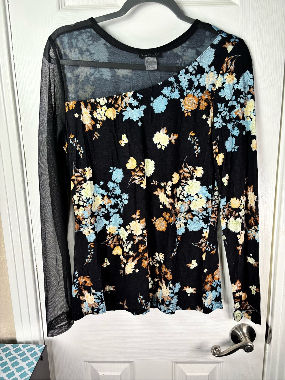 VENUS Black Floral Mesh Long Sleeve Top with Blue and Cream Blooms